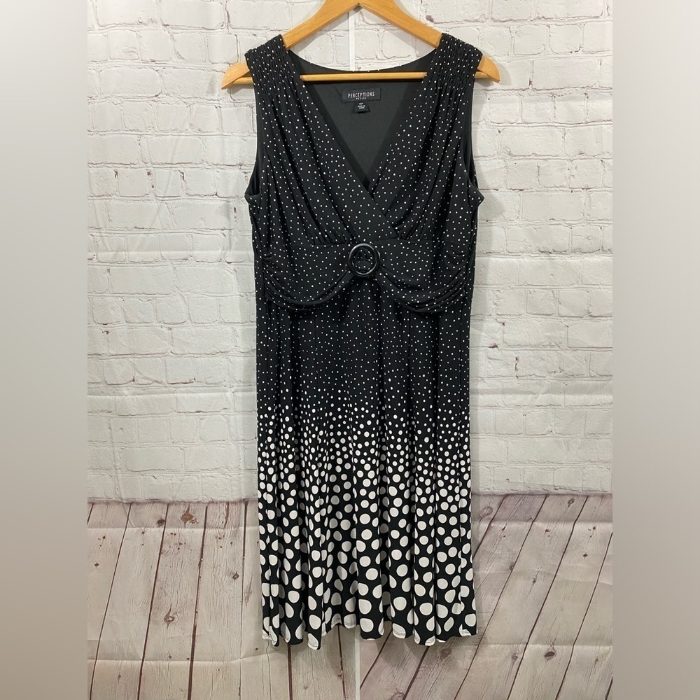 perceptions Petite Womens Plus Size 16P Black With White Dots Sleeveless Dress